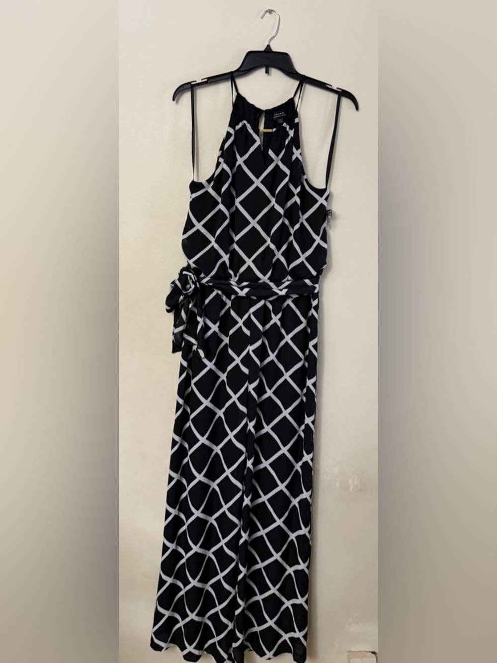 BCX Black Jumpsuit with White Lattice Print and Waist Tie
